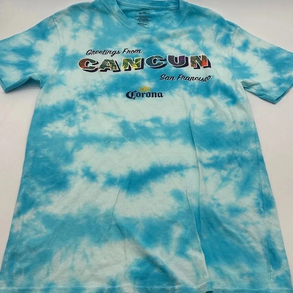 Corona Cancun San Francisco Tie Dye Graphic T-Shirt Mens Medium Blue White